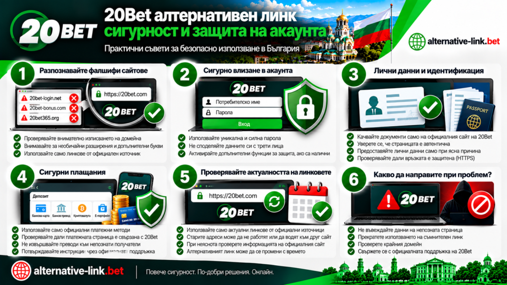 20Bet алтернативен линк в България – сигурност и защита на акаунта, разпознаване на фалшиви сайтове, безопасно влизане, проверка на лични данни, сигурни плащания и актуални официални линкове