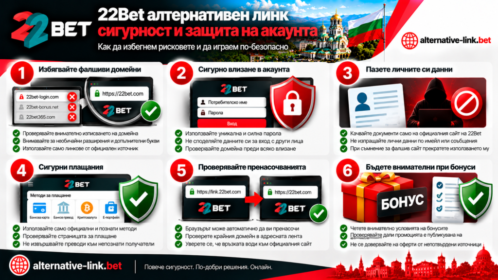 22Bet алтернативен линк в България – сигурност и защита на акаунта, разпознаване на фалшиви домейни, безопасно влизане, защита на личните данни, проверка на пренасочванията и сигурни плащания