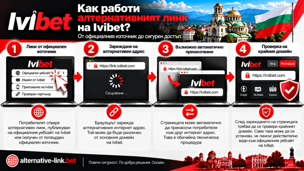 Как работи алтернативният линк на Ivibet в България? Отваряне на линк от официален източник, зареждане на алтернативен адрес, възможно автоматично пренасочване към Ivibet и проверка на крайния домейн за сигурност и автентичност