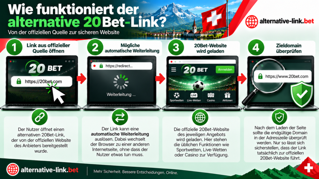 Wie funktioniert der alternative 20Bet-Link in der Schweiz? Offiziellen Link öffnen, mögliche automatische Weiterleitung zur 20Bet-Website und Überprüfung der endgültigen Domain auf Sicherheit und Echtheit