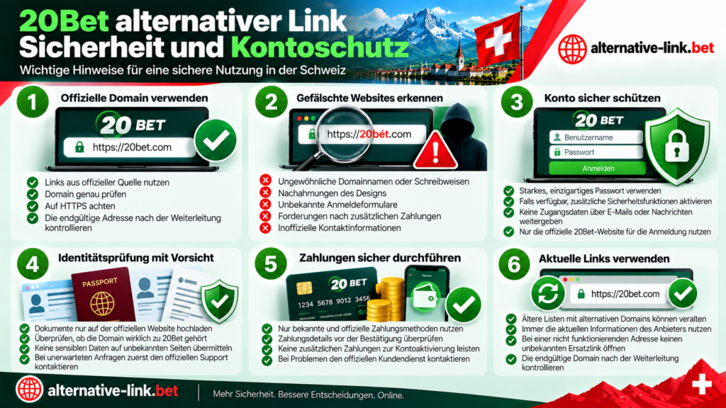 20Bet alternativer Link Schweiz – Sicherheit und Kontoschutz, offizielle Domains prüfen, gefälschte Websites erkennen, sichere Anmeldung, Identitätsprüfung und Schutz bei Ein- und Auszahlungen