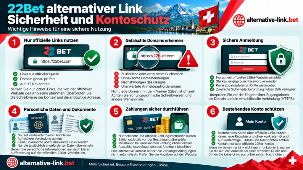 22Bet alternativer Link Schweiz – Sicherheit und Kontoschutz, offizielle Domains überprüfen, gefälschte Websites erkennen, sichere Anmeldung, Schutz persönlicher Daten und sichere Zahlungen