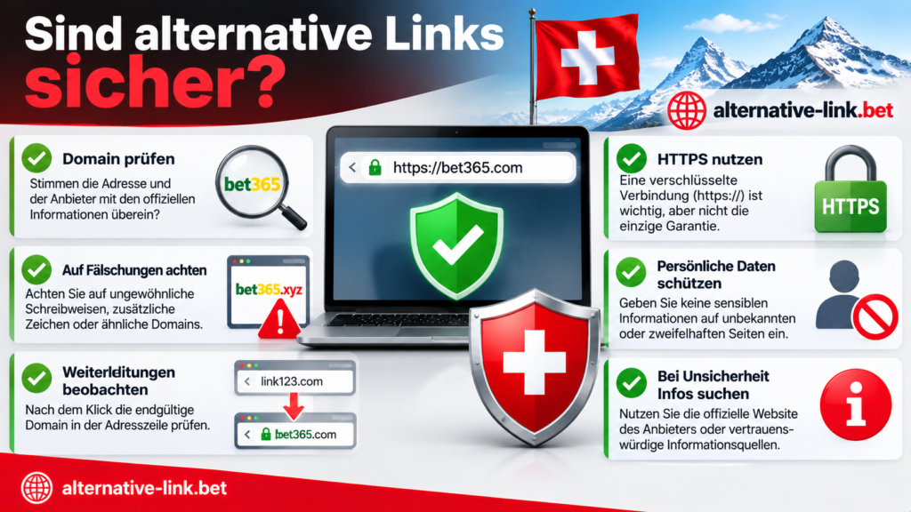 Sind alternative Links in der Schweiz sicher? Tipps zur Überprüfung offizieller Domains, Erkennung gefälschter Websites, Kontrolle von Weiterleitungen, HTTPS und Schutz persönlicher Daten