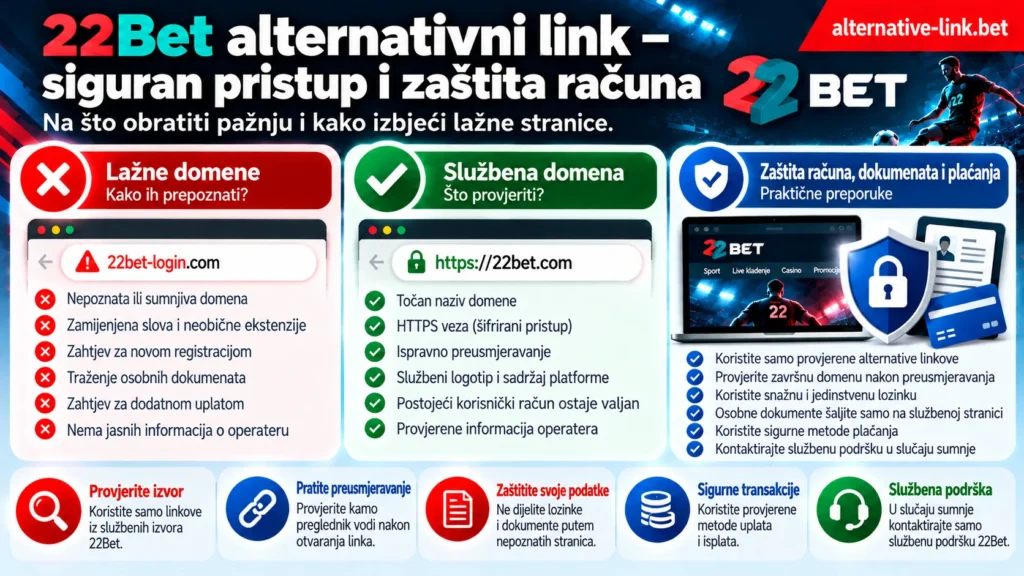 22Bet alternativni link u Hrvatskoj – siguran pristup i zaštita računa, usporedba lažne i službene domene, provjera HTTPS veze i preusmjeravanja, zaštita osobnih dokumenata te sigurnost uplata i isplata.