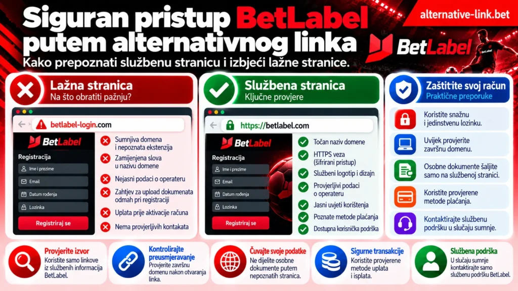 BetLabel alternativni link u Hrvatskoj – siguran pristup i zaštita računa, usporedba lažne i službene registracijske stranice, provjera domene i HTTPS veze, zaštita osobnih dokumenata te sigurnost uplata i isplata.