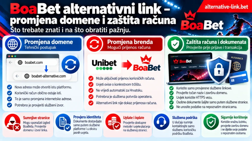 BoaBet alternativni link u Hrvatskoj – razlika između promjene domene i prijenosa korisničkog računa, povezanost s Unibetom, provjera službenih adresa, zaštita osobnih dokumenata, sigurnost uplata i isplata.