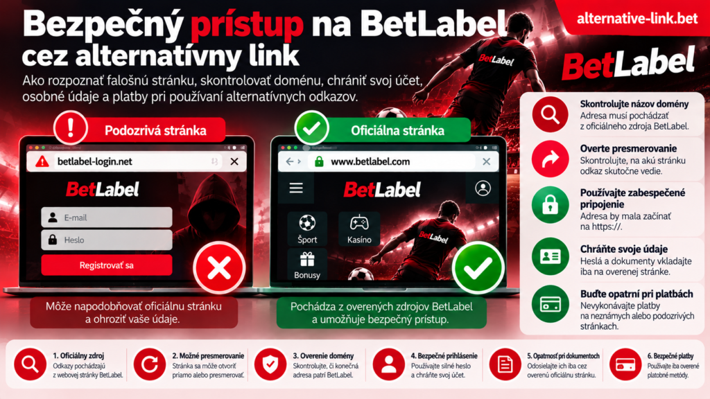 Bezpečný prístup na BetLabel cez alternatívny link – porovnanie oficiálnej a podozrivej registračnej stránky, overenie domény a presmerovania, zabezpečené HTTPS pripojenie, ochrana používateľského účtu, osobných dokumentov a bezpečnosť platieb.