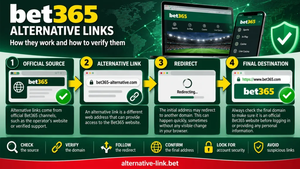 Bet365 alternative links infographic explaining official sources, alternative domains, redirects and final destination verification for secure website access.