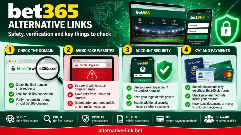 Bet365 alternative links security infographic showing how to verify official domains, identify fake websites, protect account credentials and safely handle KYC documents and payments.